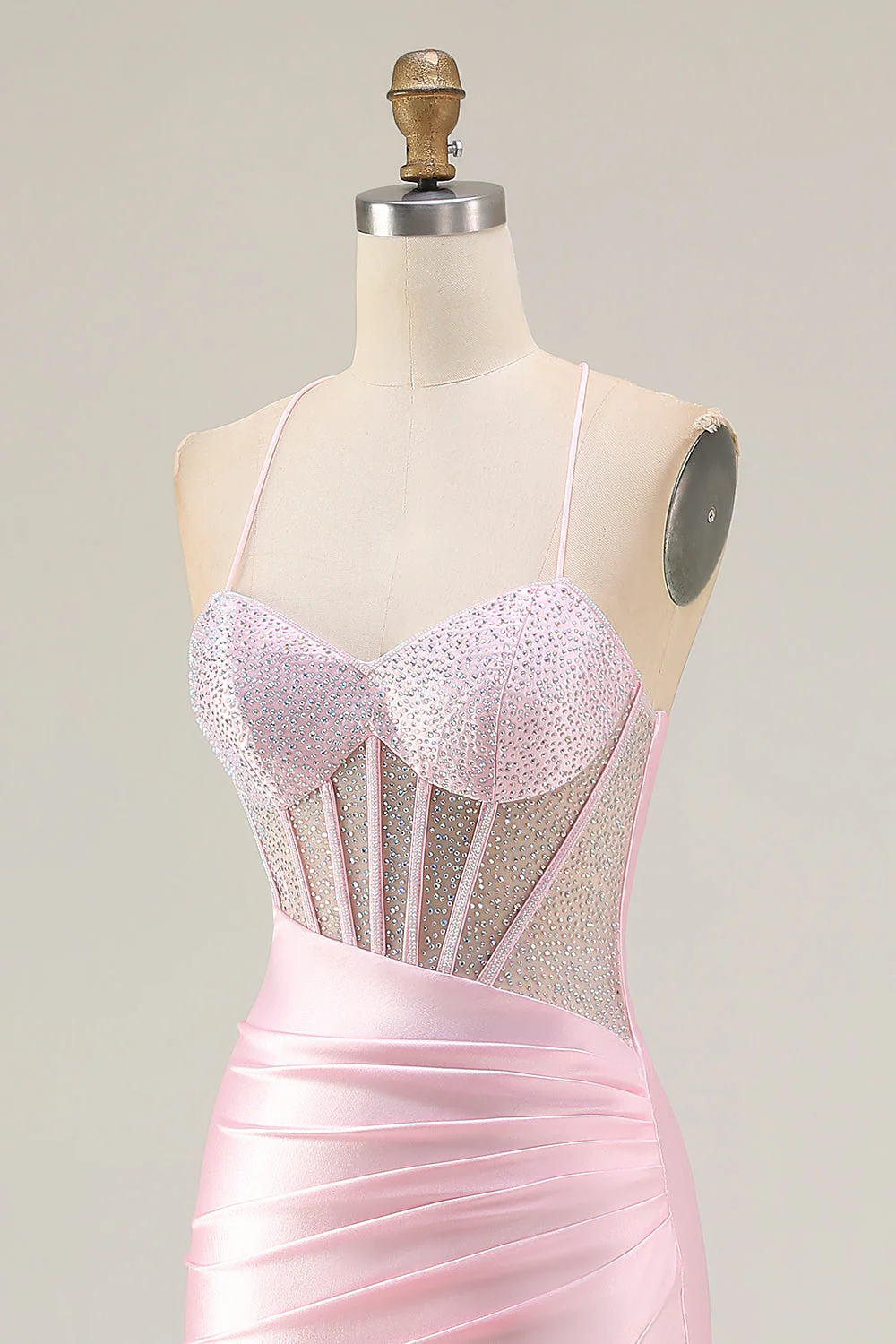 Robe de bal longue de promo à bretelles de sirène rose perlée à perles roses corset et fente - Image 6