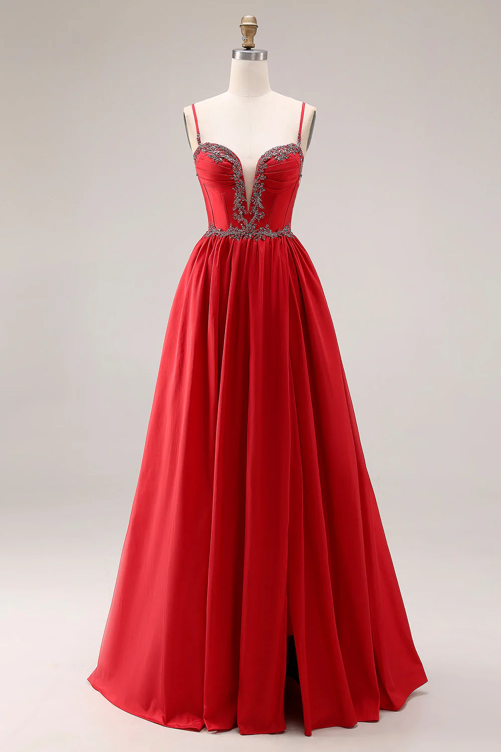 Robe de bal longue de promo à bretelles fines ligne A rouge, corset appliqué et fendue