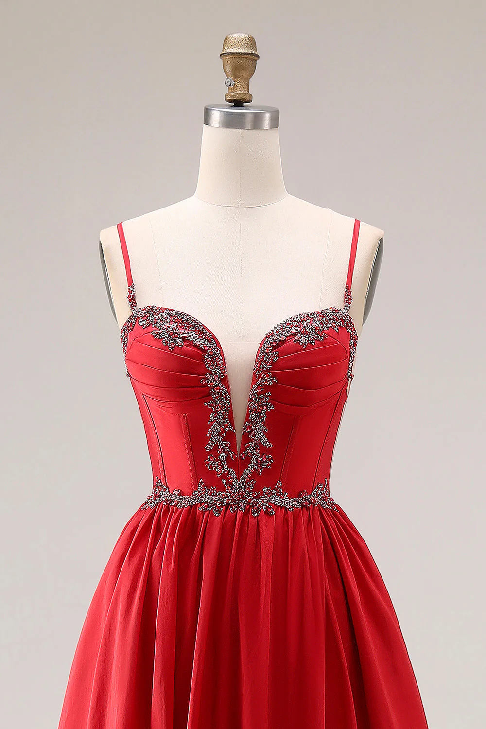 Robe de bal longue de promo à bretelles fines ligne A rouge, corset appliqué et fendue - Image 4