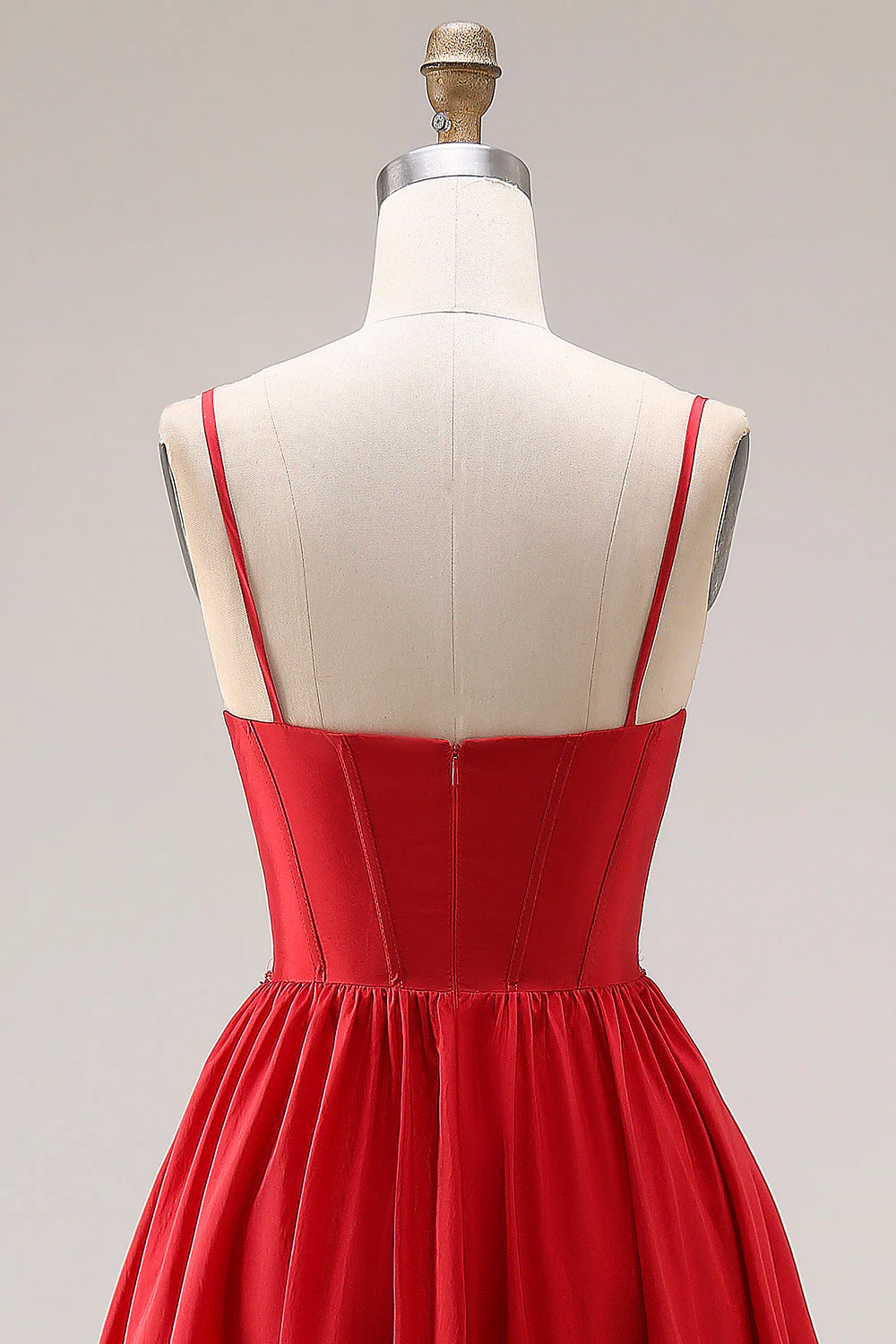 Robe de bal longue de promo à bretelles fines ligne A rouge, corset appliqué et fendue - Image 5