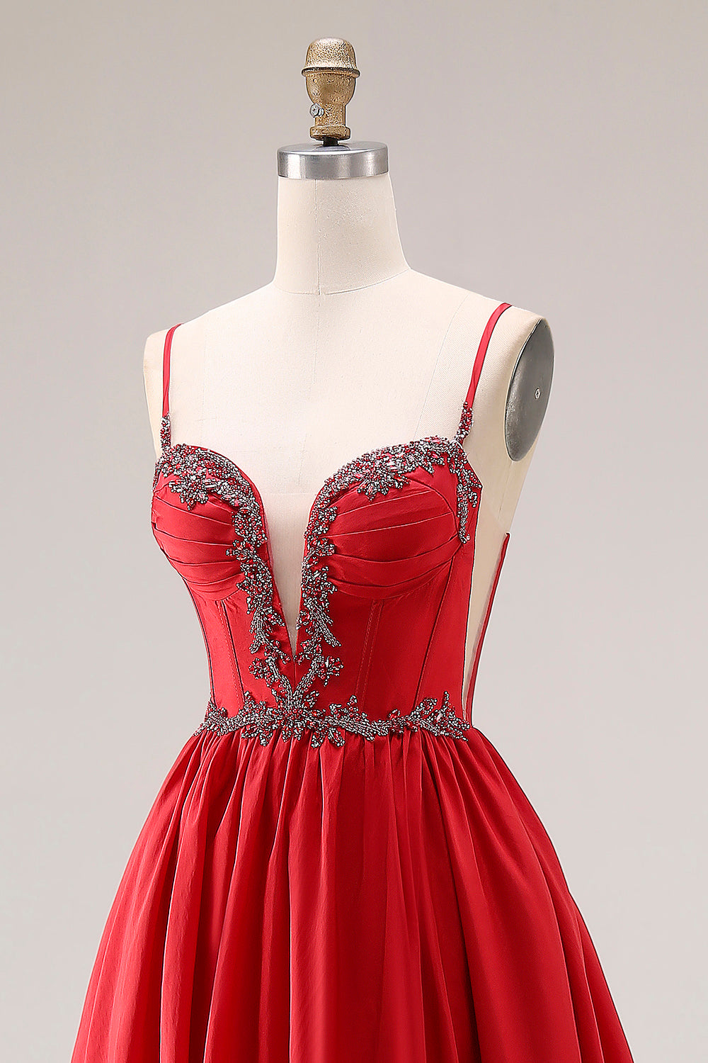 Robe de bal longue de promo à bretelles fines ligne A rouge, corset appliqué et fendue - Image 6