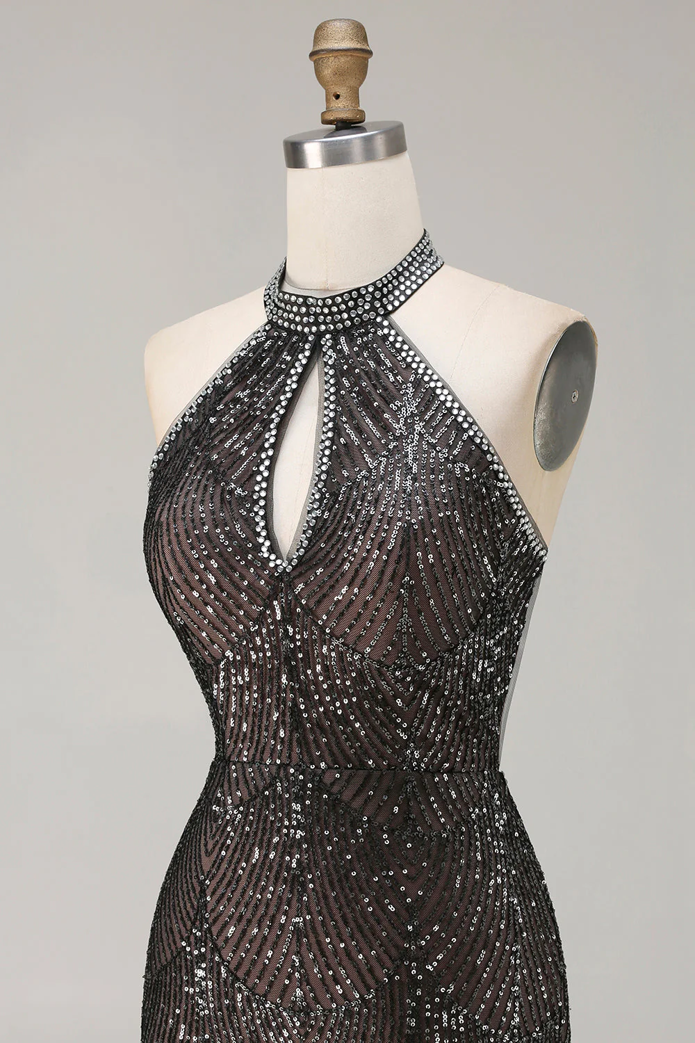 Robe de soirée sirène longue champagne scintillante perlée à paillettes avec fente - Image 14