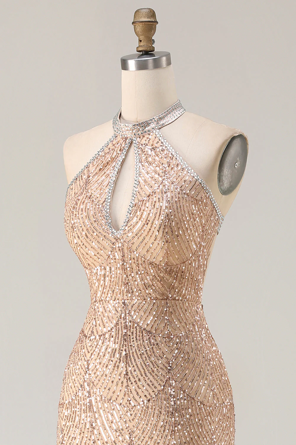 Robe de soirée sirène longue champagne scintillante perlée à paillettes avec fente - Image 8