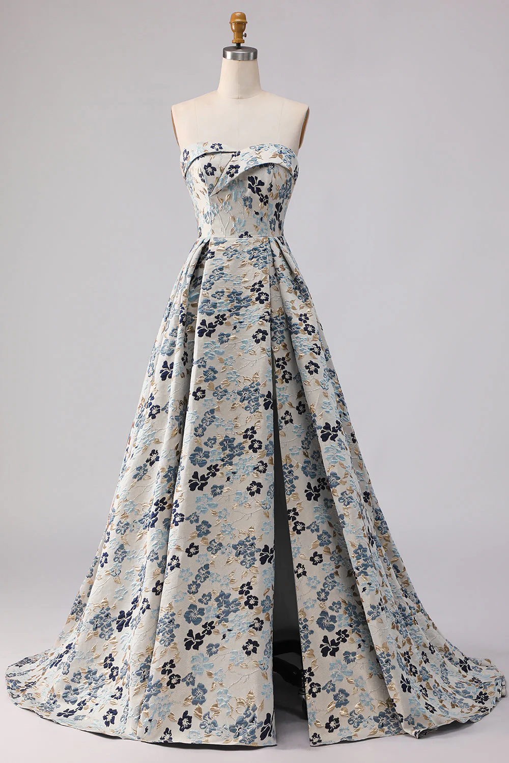 Robe de bal longue de promo à motif de fleurs bleues sans bretelles en ligne A