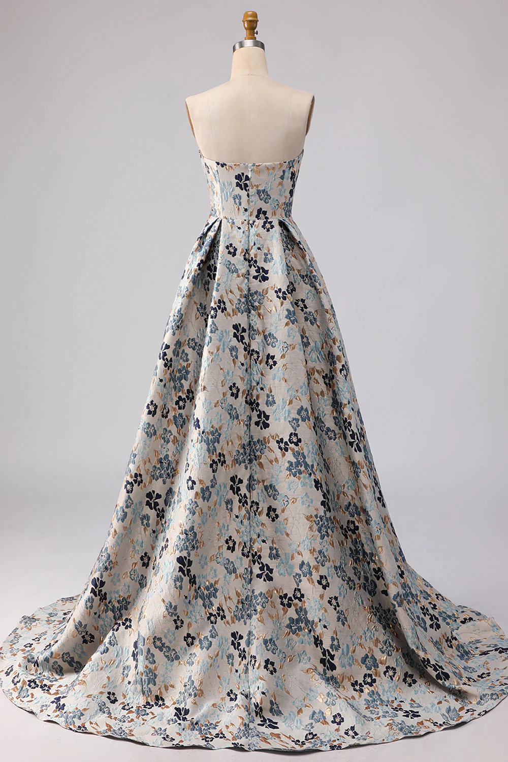 Robe de bal longue de promo à motif de fleurs bleues sans bretelles en ligne A - Image 2