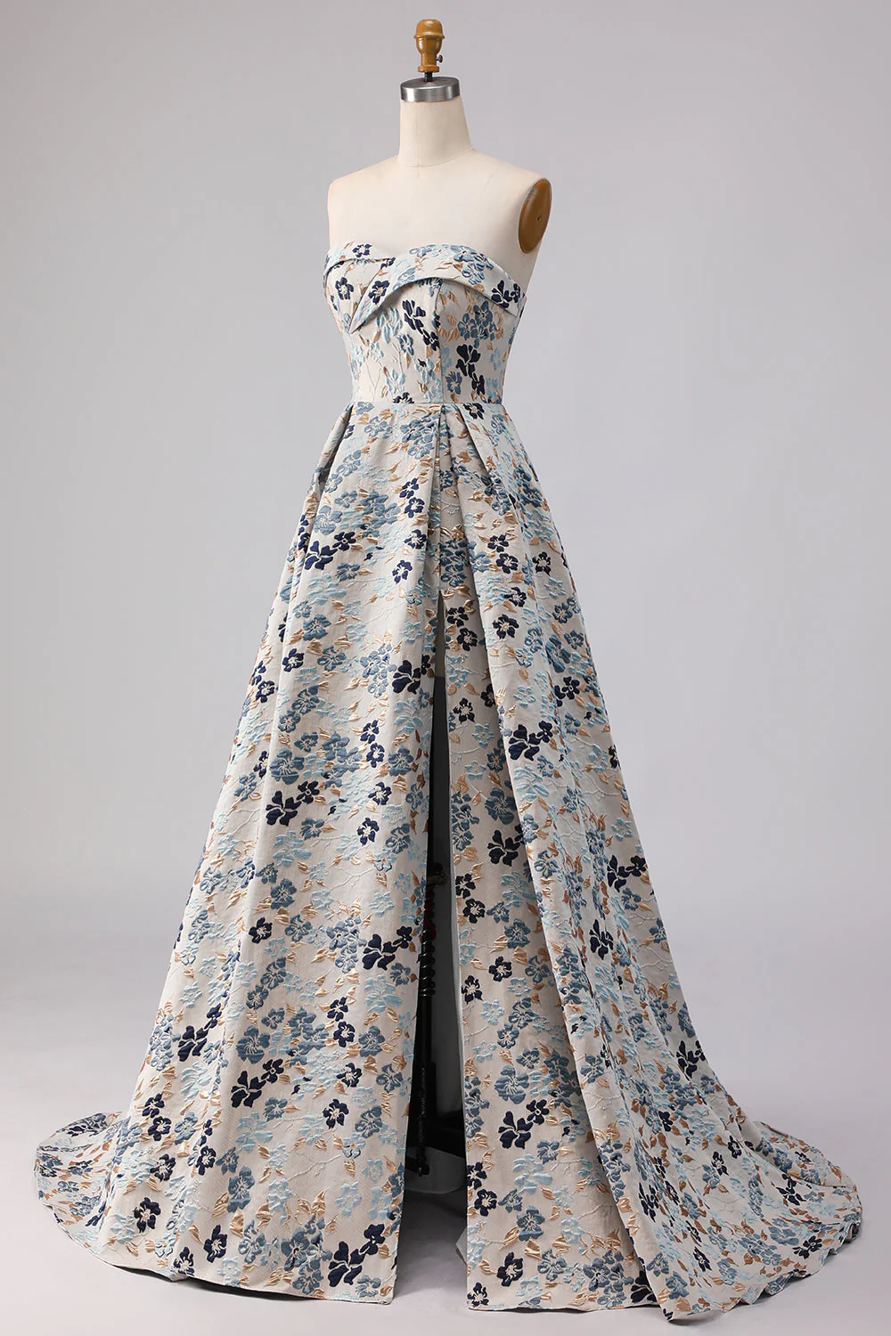 Robe de bal longue de promo à motif de fleurs bleues sans bretelles en ligne A - Image 3