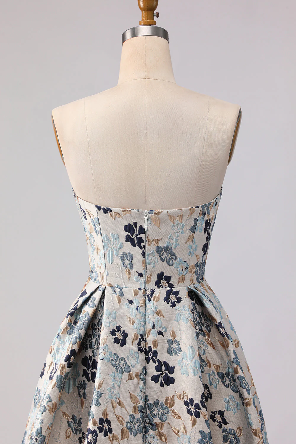 Robe de bal longue de promo à motif de fleurs bleues sans bretelles en ligne A - Image 5
