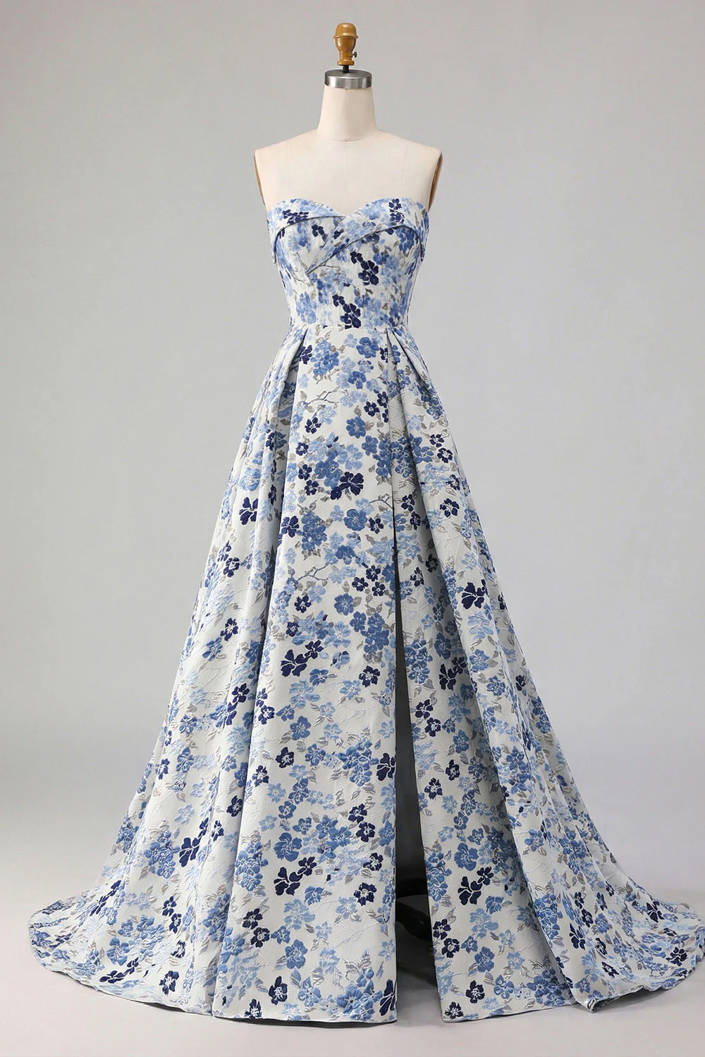 Robe de bal longue de promo à motif de fleurs bleues sans bretelles en ligne A - Image 7