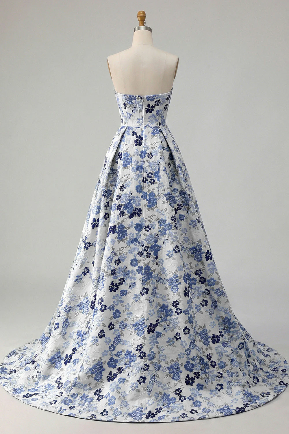 Robe de bal longue de promo à motif de fleurs bleues sans bretelles en ligne A - Image 8
