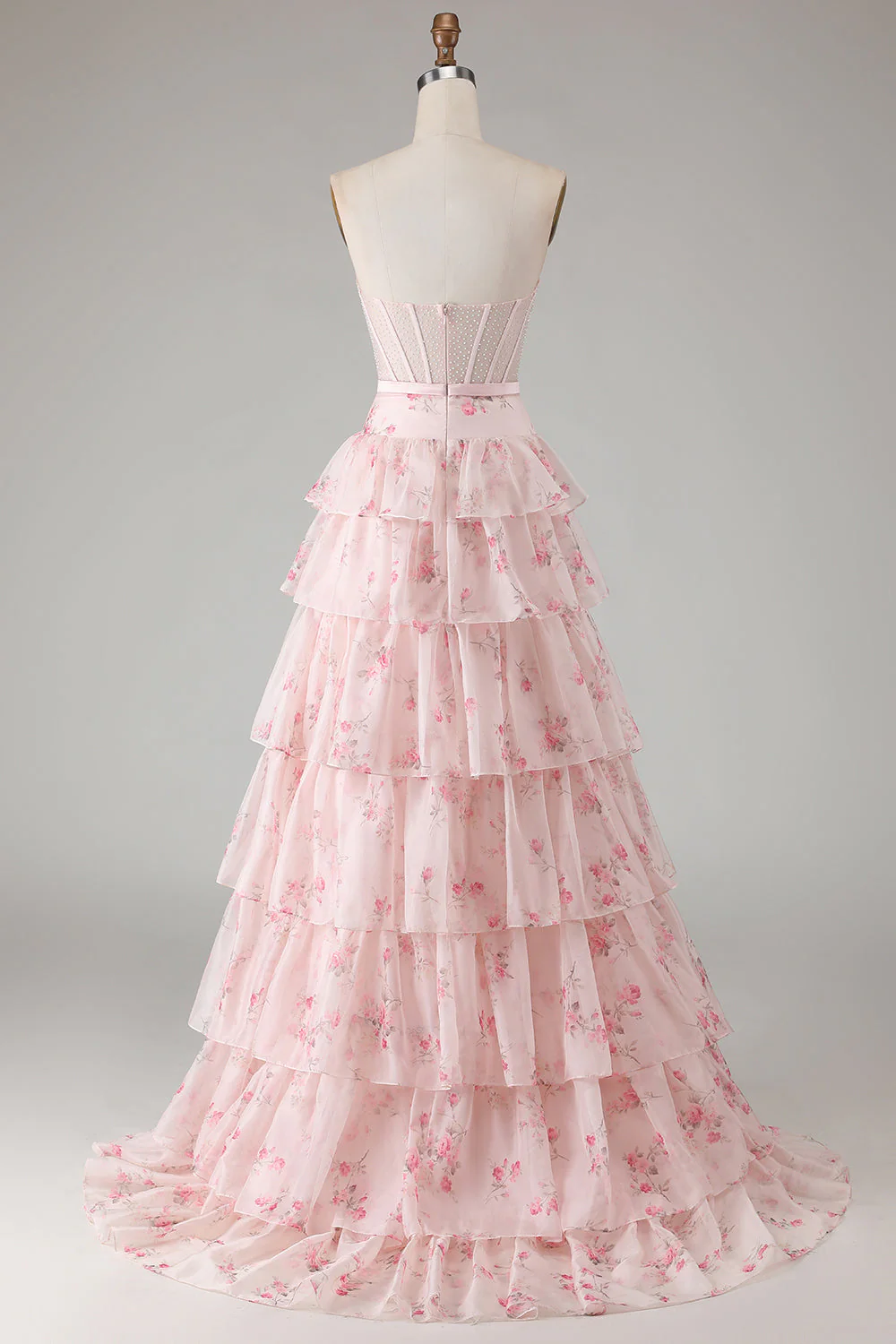 Robe de bal longue de promo à motifs perlées à motifs de corset rose à motifs floraux sans bustiers, à niveaux de A - Image 2