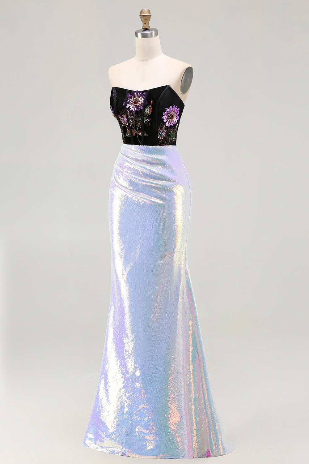 Robe de bal longue de promo scintillante en noir et lilas à sequins floraux en sequins - Image 3