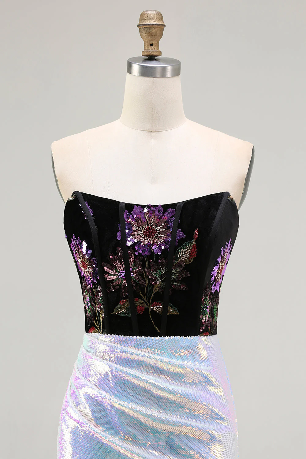 Robe de bal longue de promo scintillante en noir et lilas à sequins floraux en sequins - Image 4