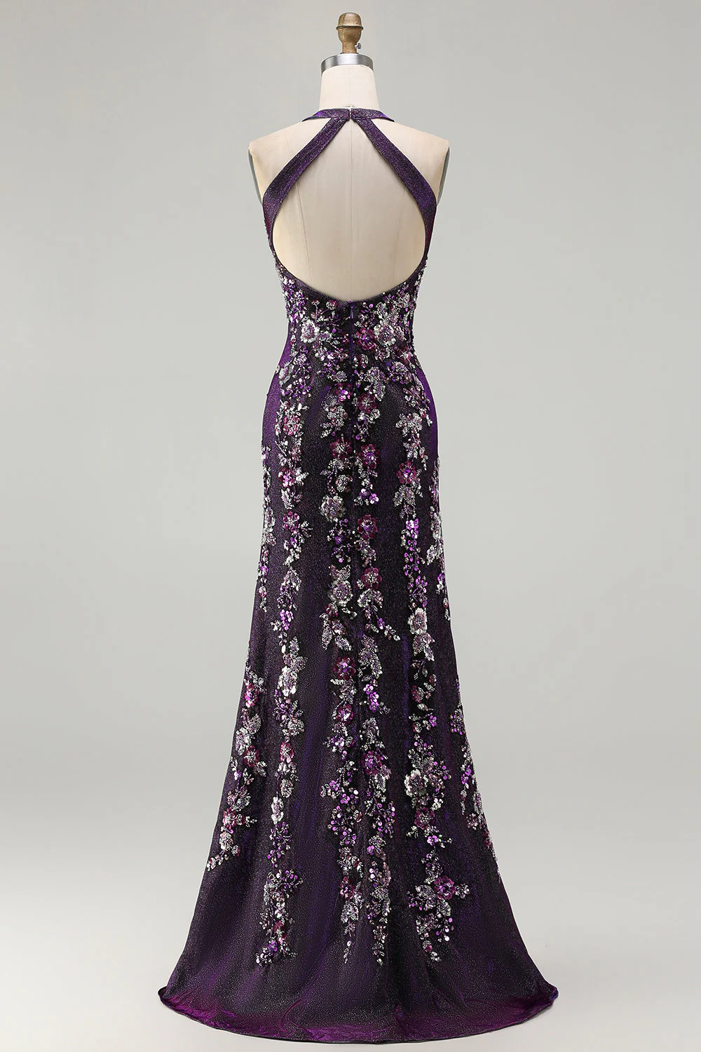 Robes de soirée longue scintillante en paillettes couleur raisin avec appliqué sirène - Image 2