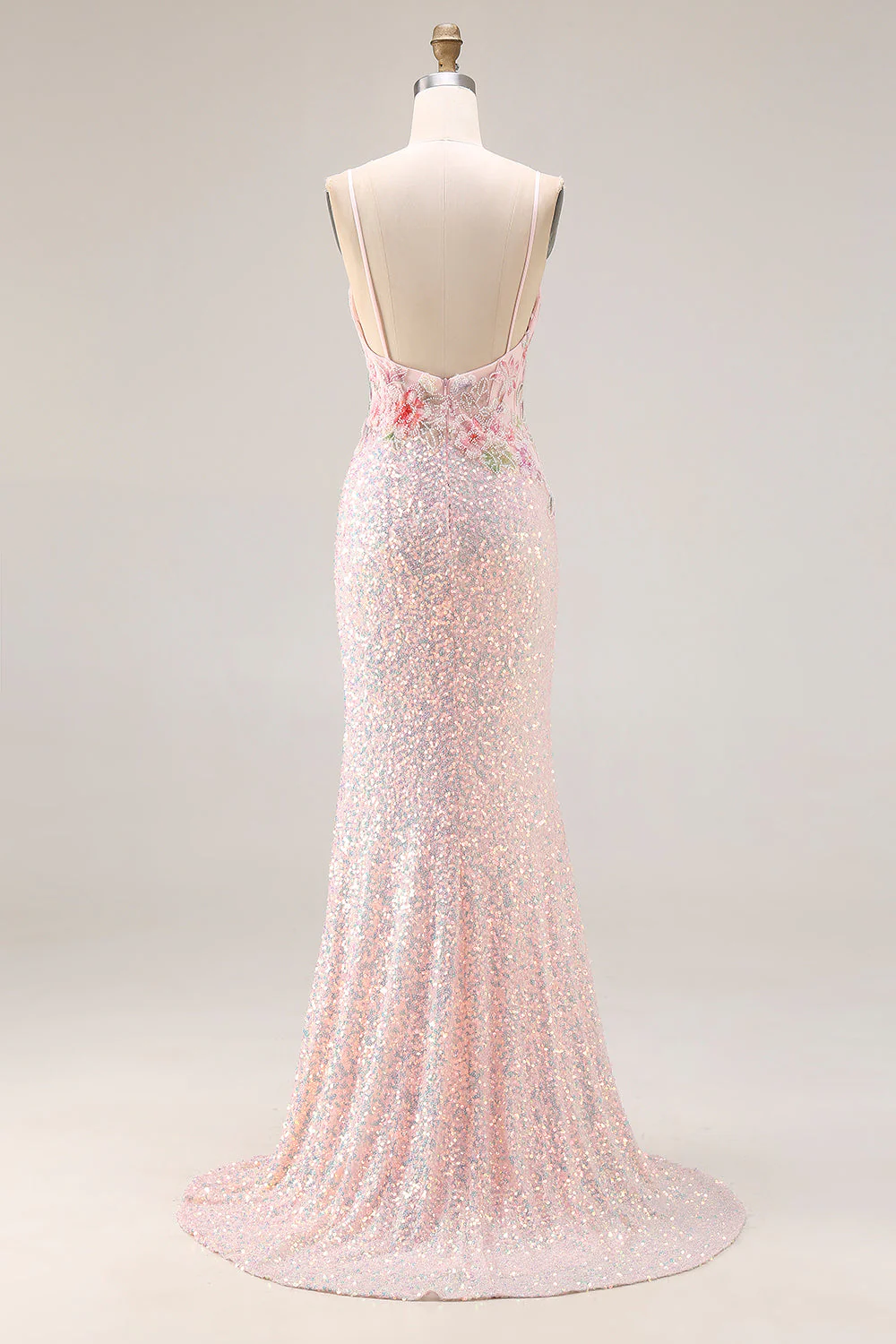 Robe de bal longue de promo scintillante rose perlée dorsée de perles, brodée et dorsée - Image 2