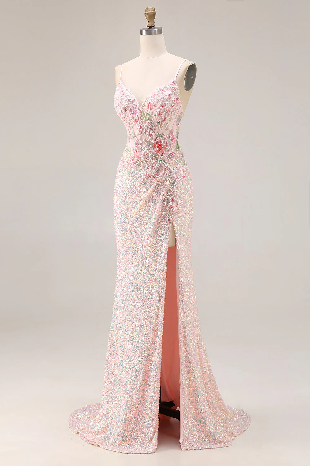Robe de bal longue de promo scintillante rose perlée dorsée de perles, brodée et dorsée - Image 3