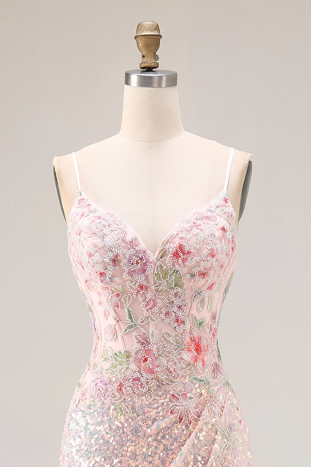 Robe de bal longue de promo scintillante rose perlée dorsée de perles, brodée et dorsée - Image 4