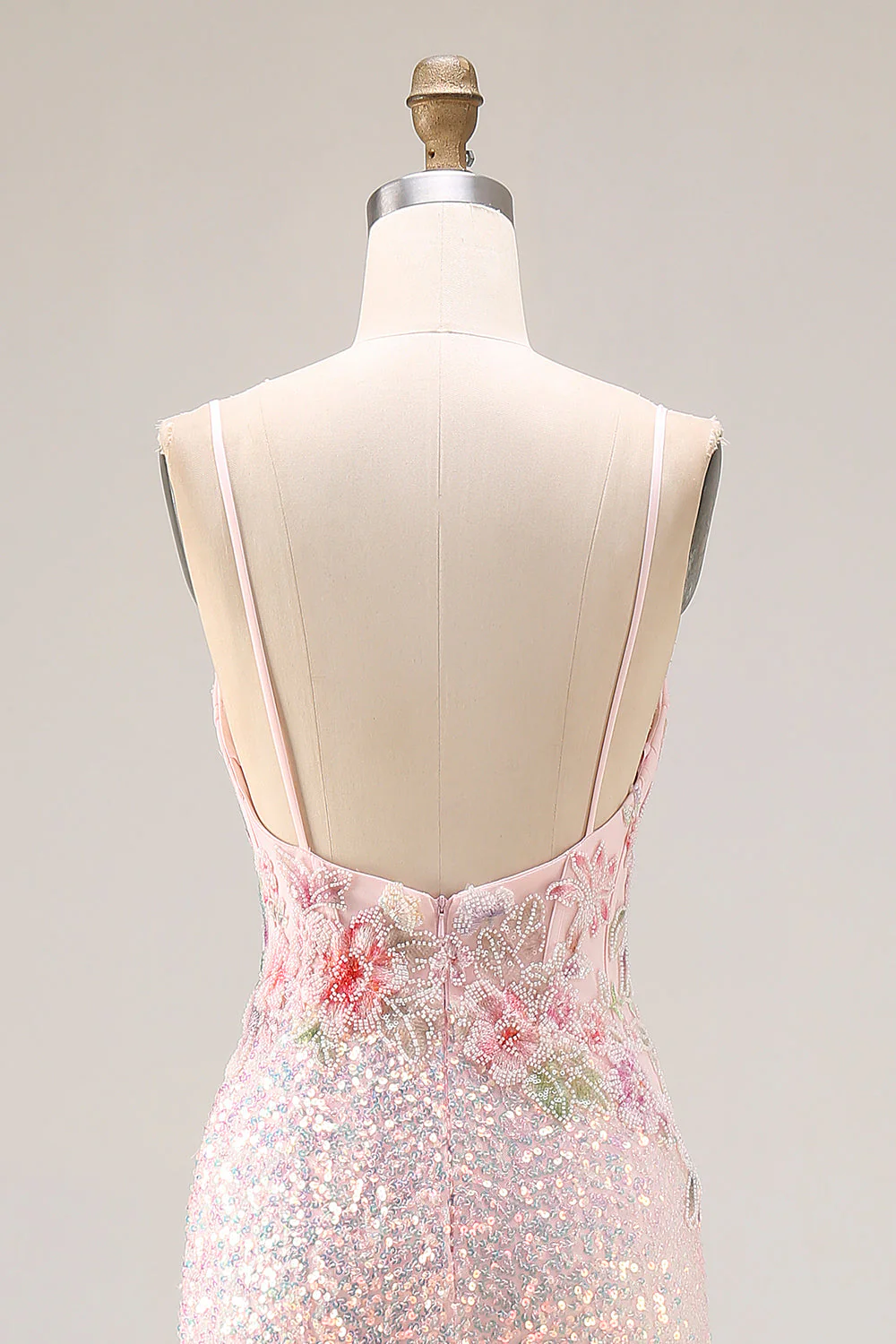 Robe de bal longue de promo scintillante rose perlée dorsée de perles, brodée et dorsée - Image 5