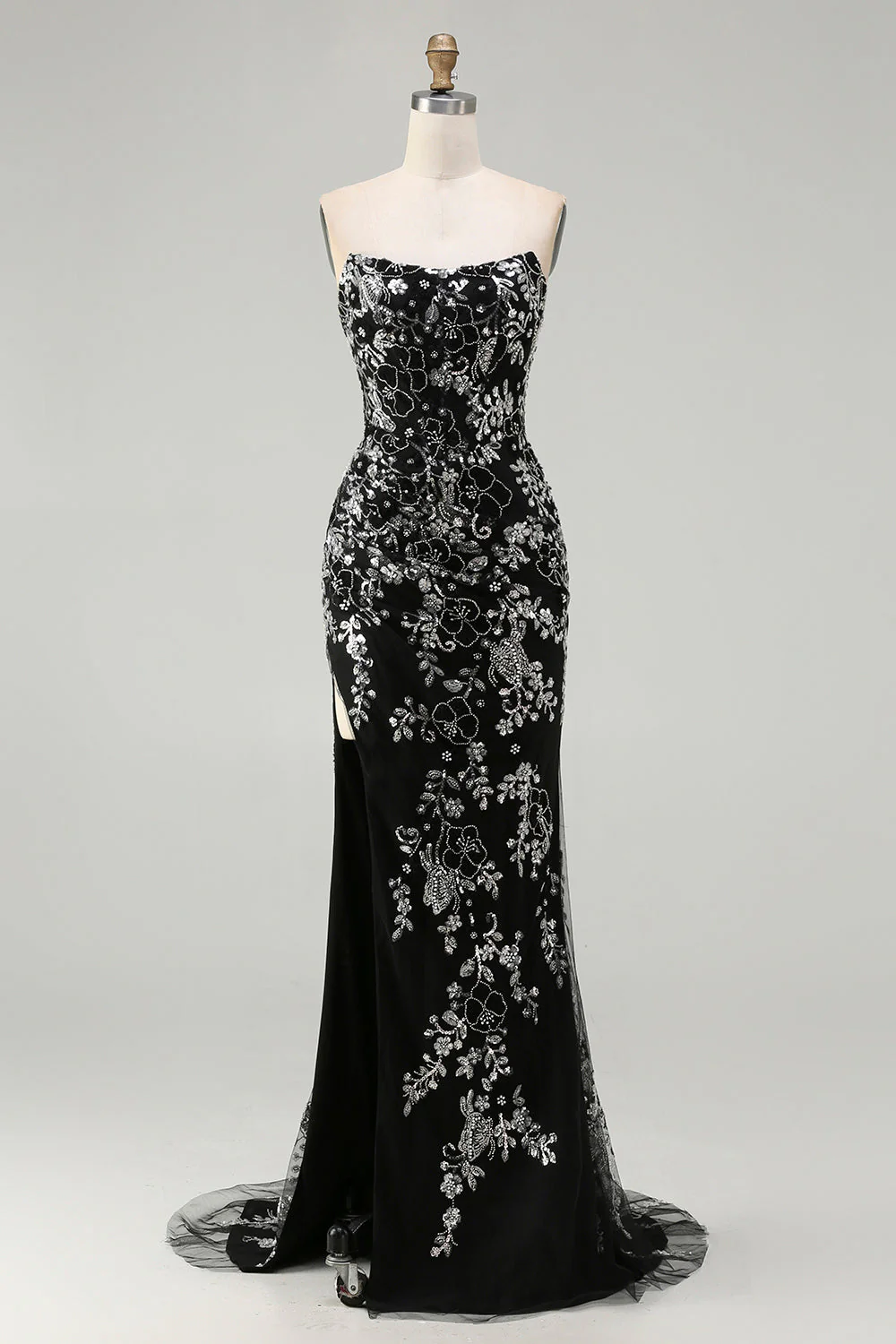 Robe de bal longue de promo sirène noire sans bretelles appliquée avec perles
