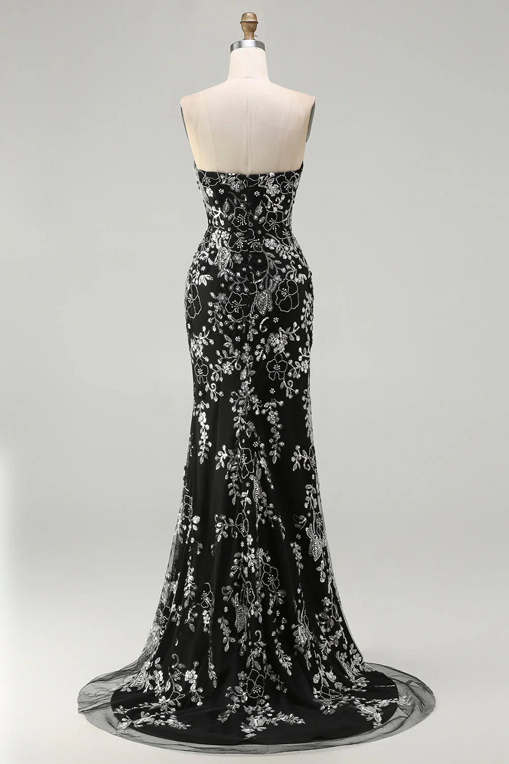 Robe de bal longue de promo sirène noire sans bretelles appliquée avec perles - Image 2
