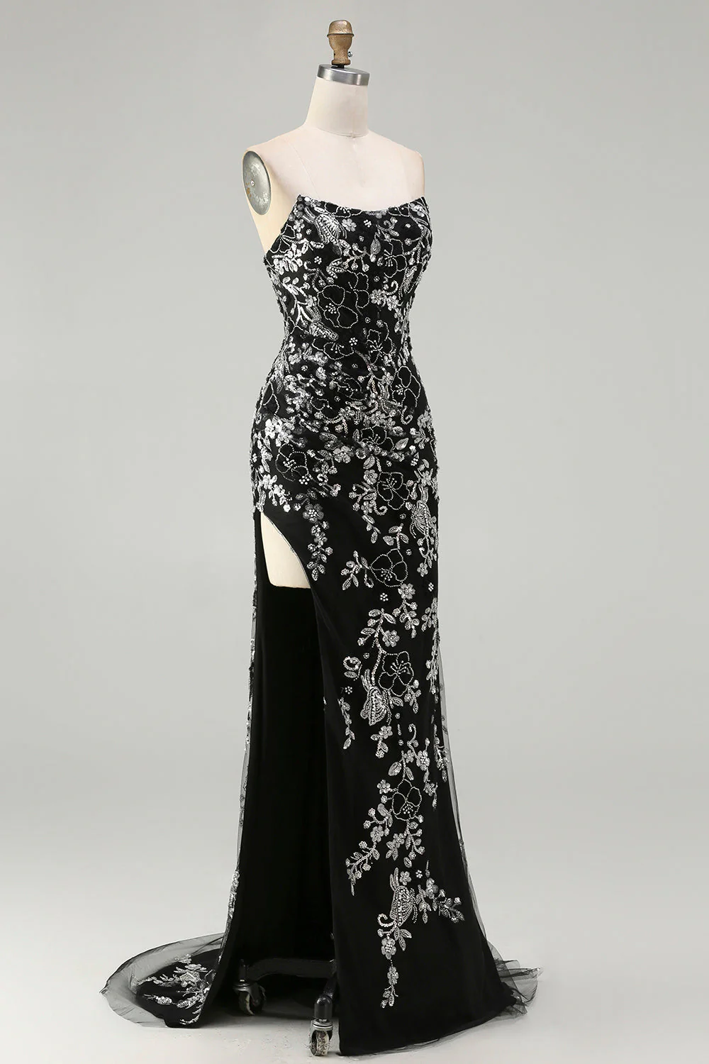 Robe de bal longue de promo sirène noire sans bretelles appliquée avec perles - Image 3