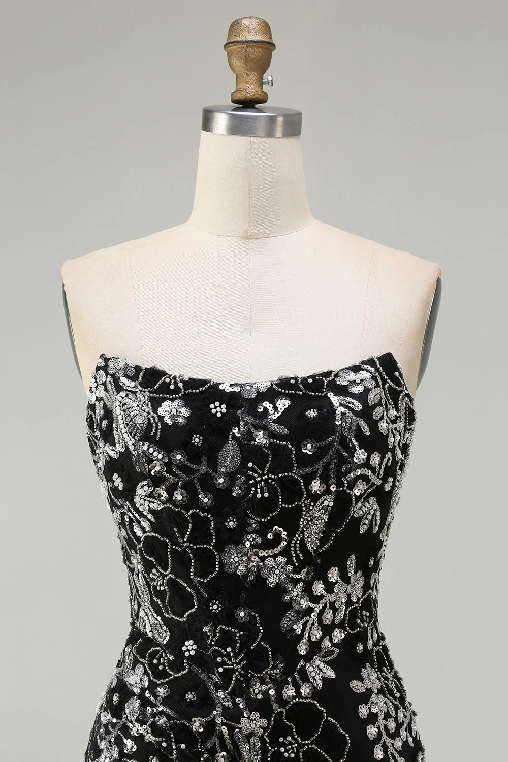 Robe de bal longue de promo sirène noire sans bretelles appliquée avec perles - Image 4