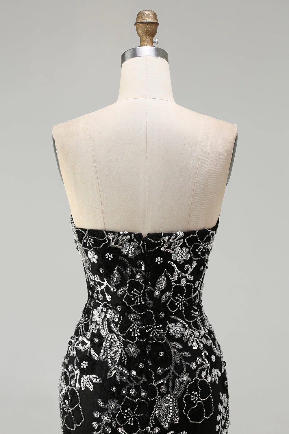 Robe de bal longue de promo sirène noire sans bretelles appliquée avec perles - Image 5