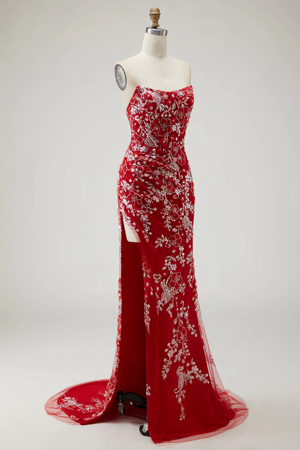 Robe de bal longue de promo sirène noire sans bretelles appliquée avec perles - Image 9