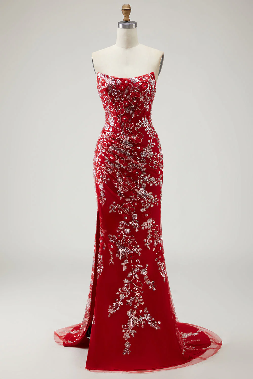 Robe de bal longue de promo sirène rouge sans bretelles appliquée avec perles