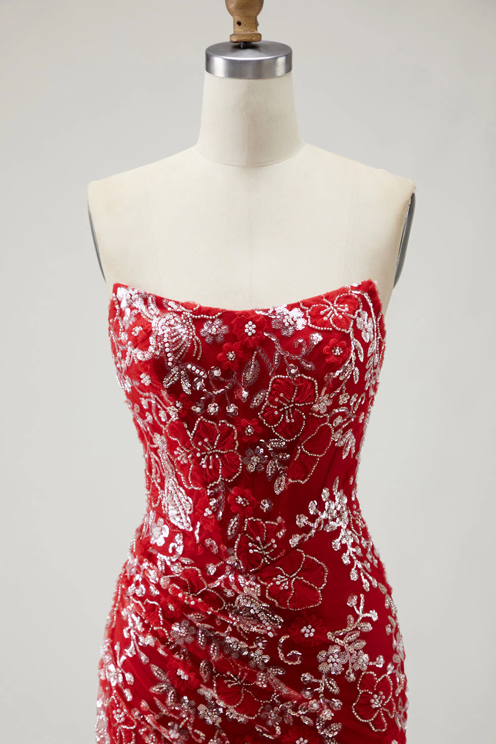 Robe de bal longue de promo sirène rouge sans bretelles appliquée avec perles - Image 4