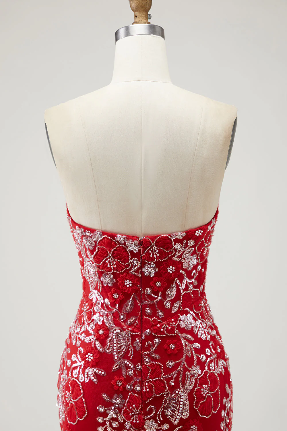 Robe de bal longue de promo sirène rouge sans bretelles appliquée avec perles - Image 5