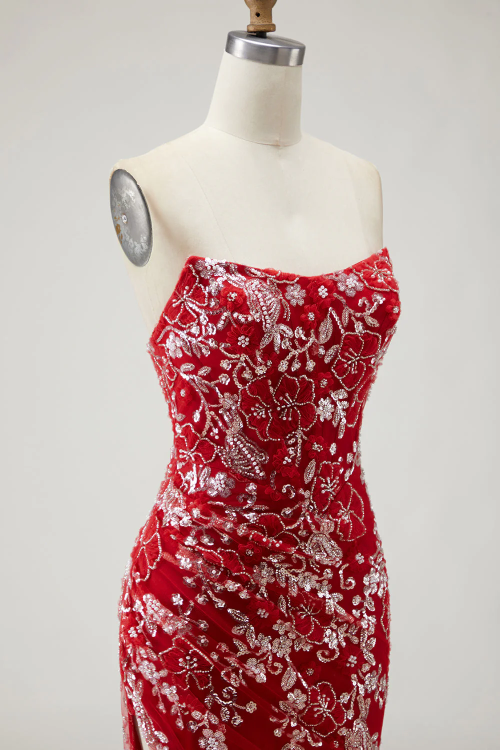 Robe de bal longue de promo sirène rouge sans bretelles appliquée avec perles - Image 6