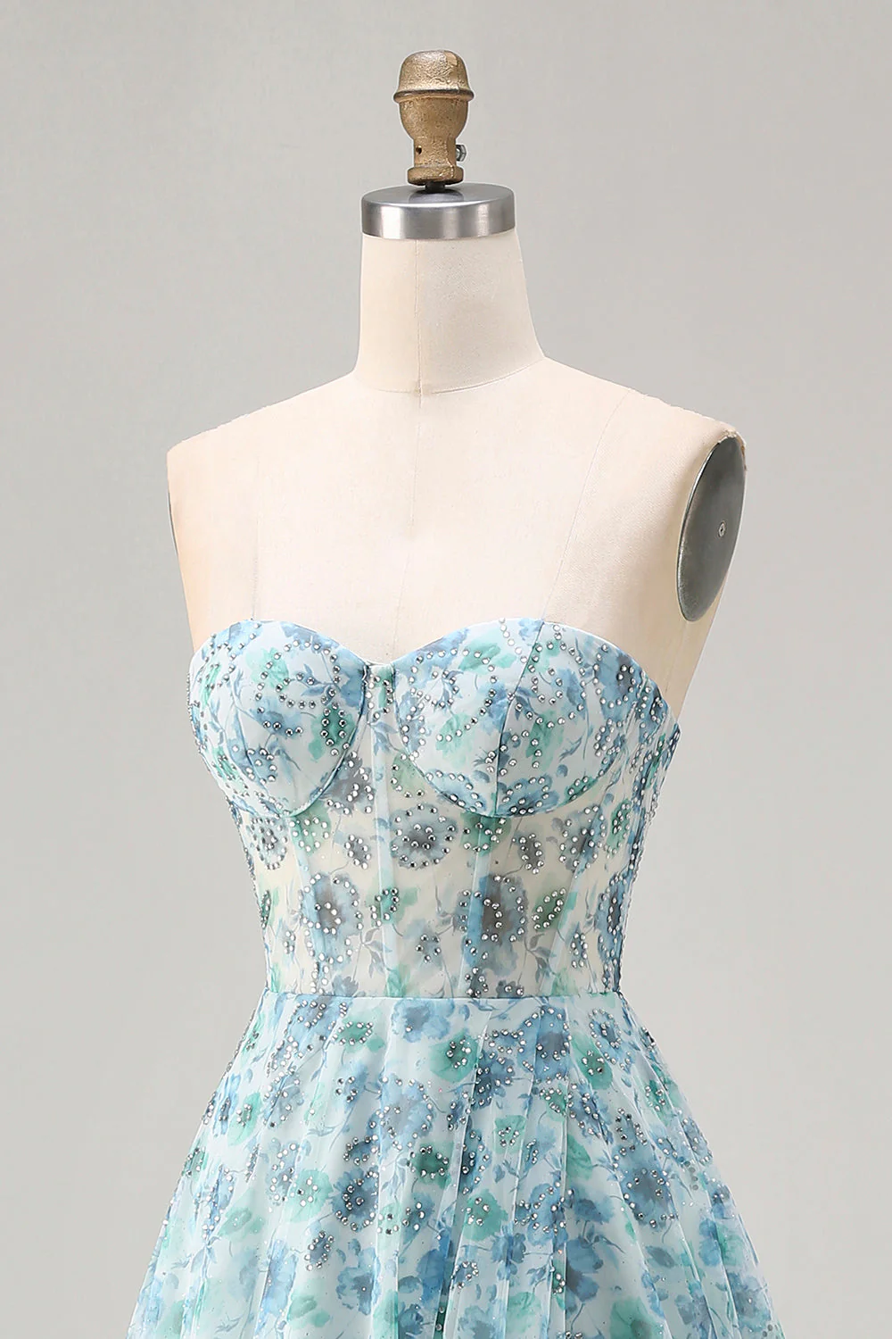 Robe de soirée longue bleue coupe A à motif floral avec fente élégante - Image 10