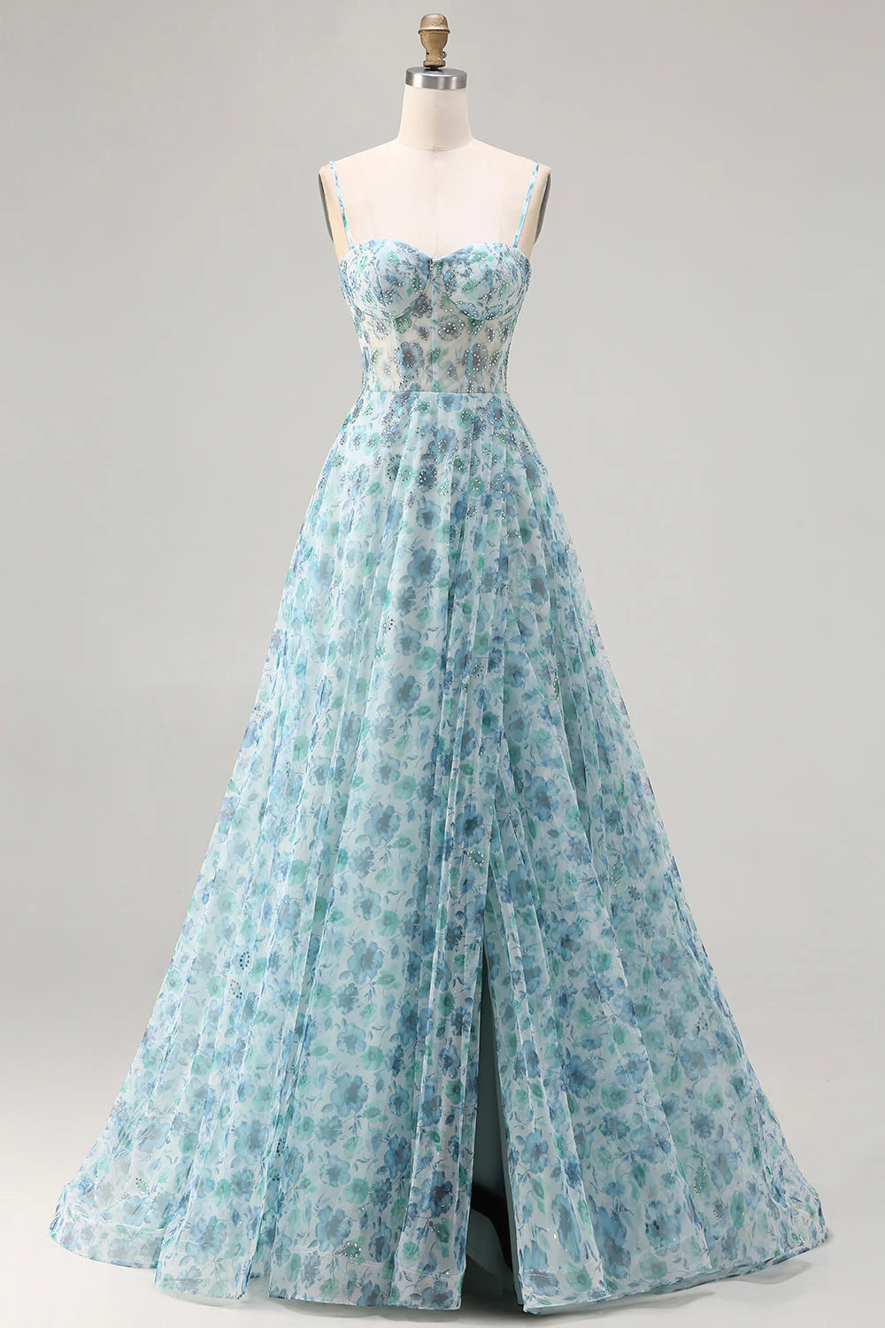 Robe de soirée longue bleue coupe A à motif floral avec fente élégante - Image 6
