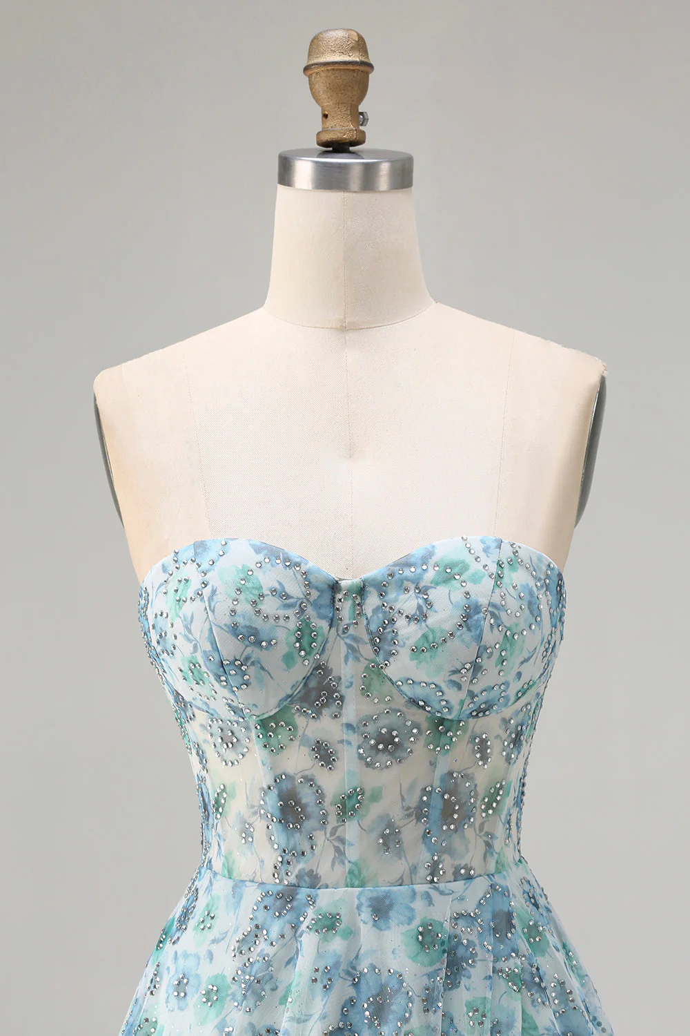 Robe de soirée longue bleue coupe A à motif floral avec fente élégante - Image 8