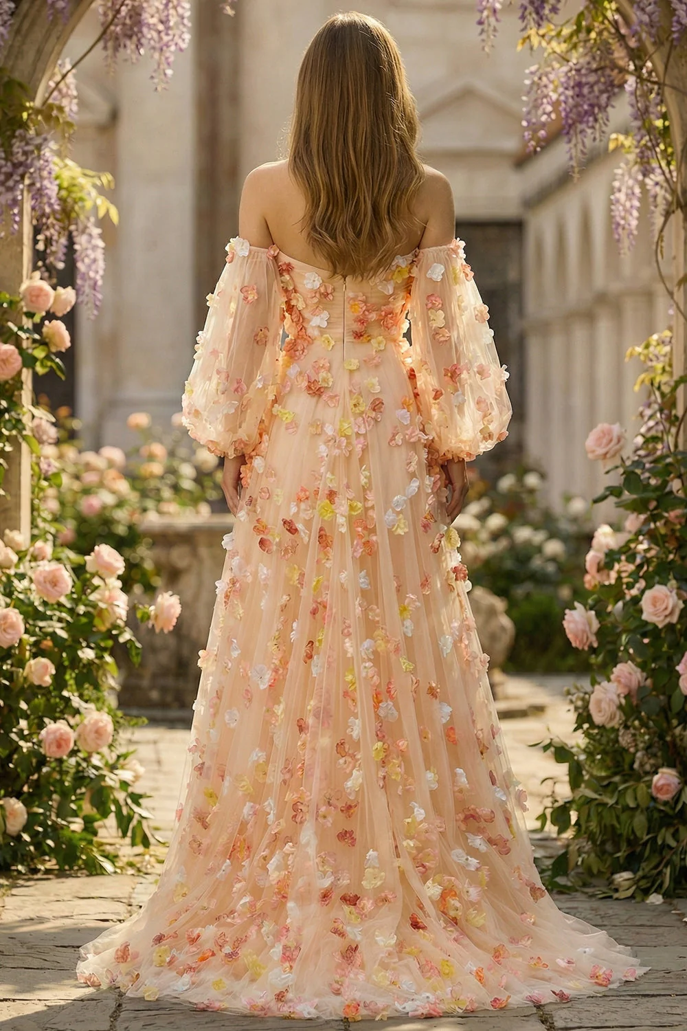 Robe de bal longue décapotable en tulle Champagne sans bretelles avec fleurs 3D - Image 2