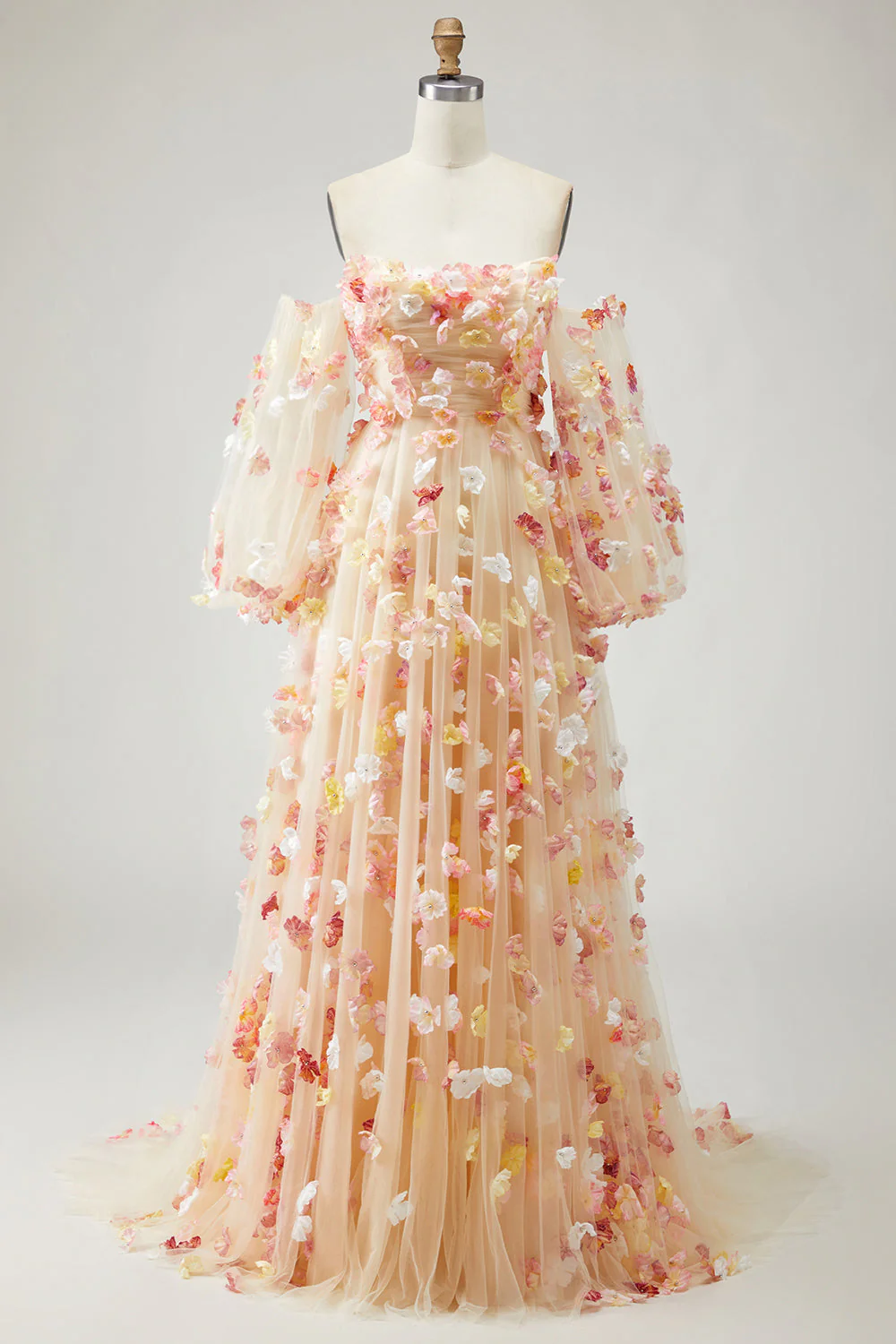 Robe de bal longue décapotable en tulle Champagne sans bretelles avec fleurs 3D - Image 4