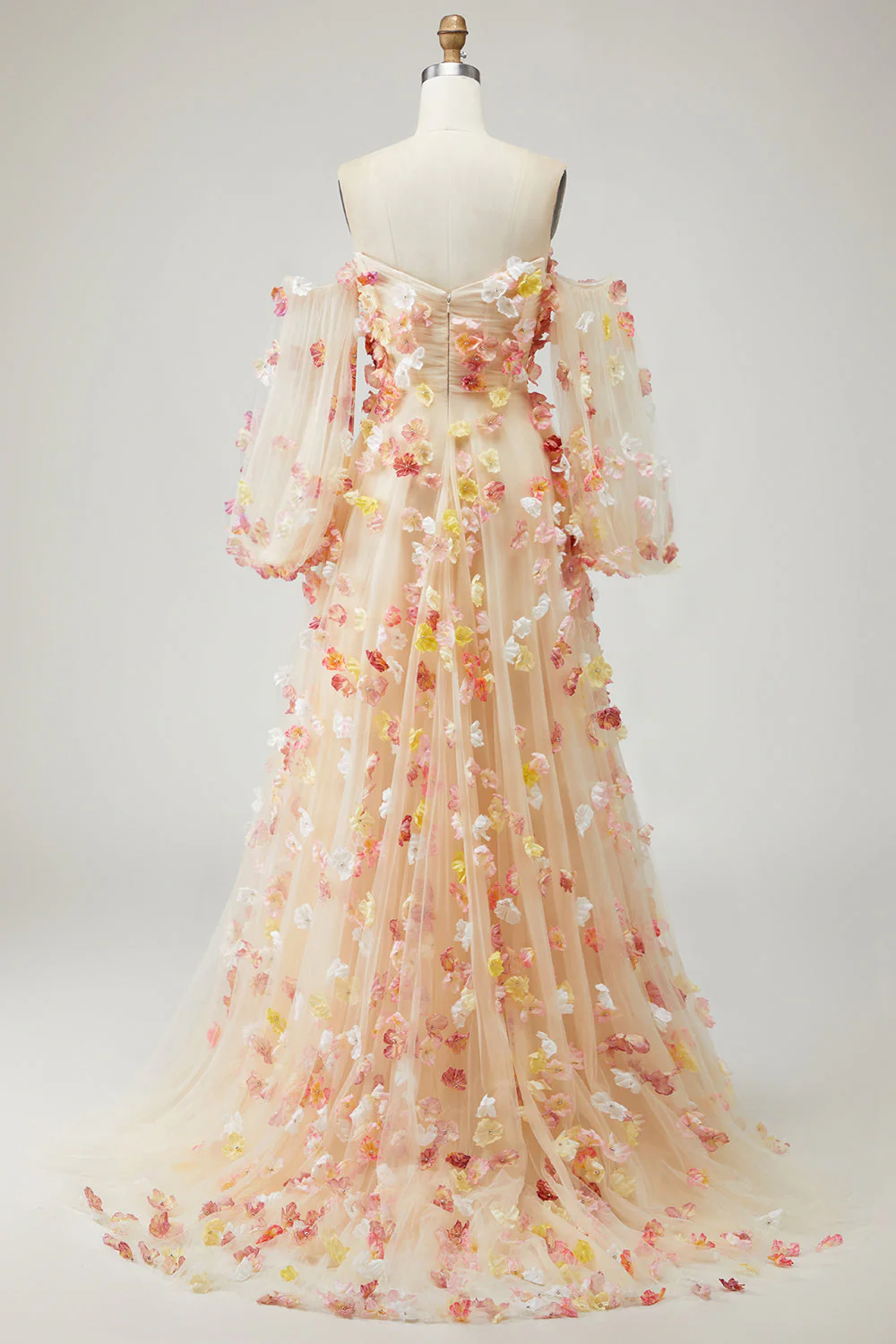 Robe de bal longue décapotable en tulle Champagne sans bretelles avec fleurs 3D - Image 5