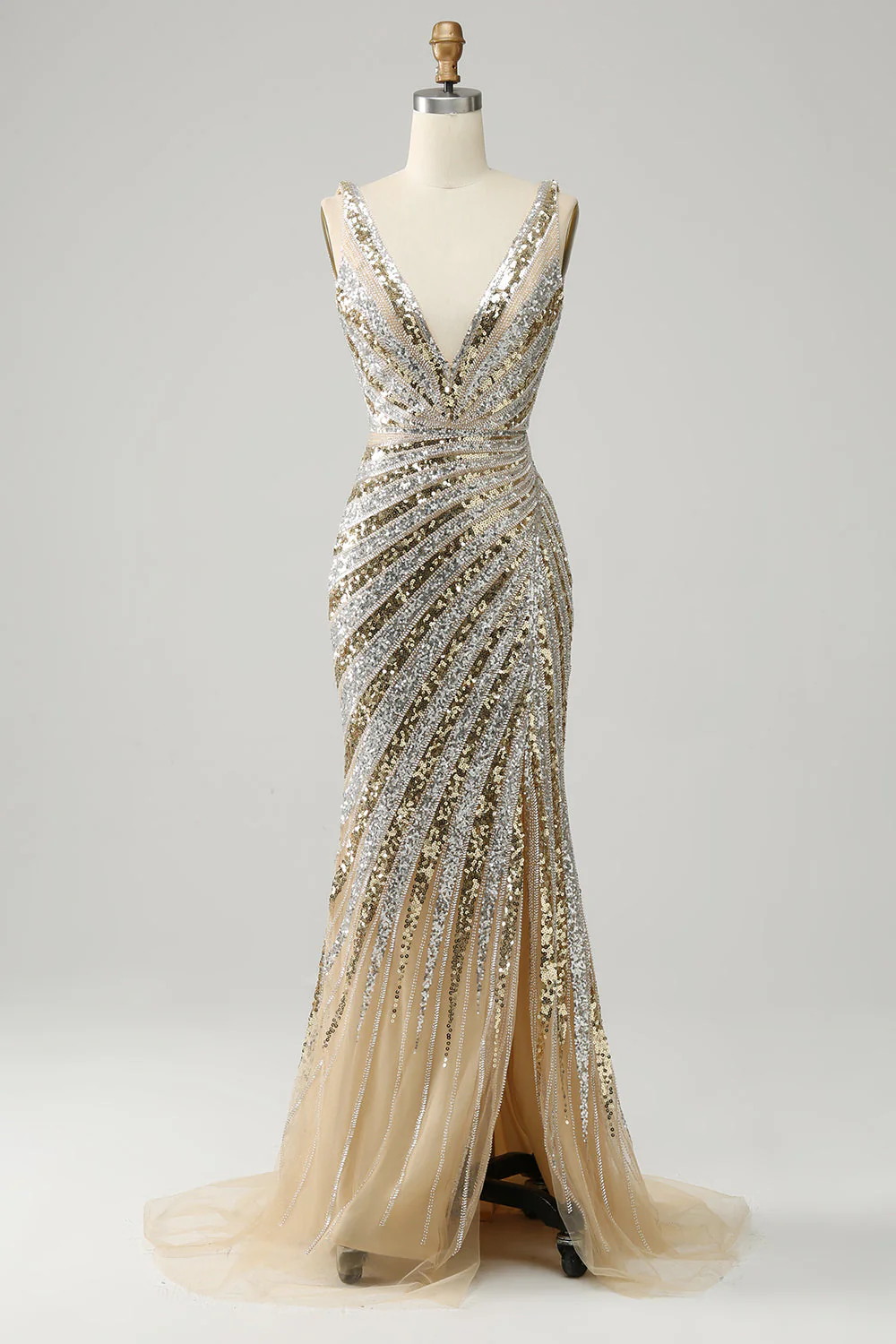 Robe de soirée sirène longue dorée en satin de luxe à col V profond et bordure en limon - Image 7