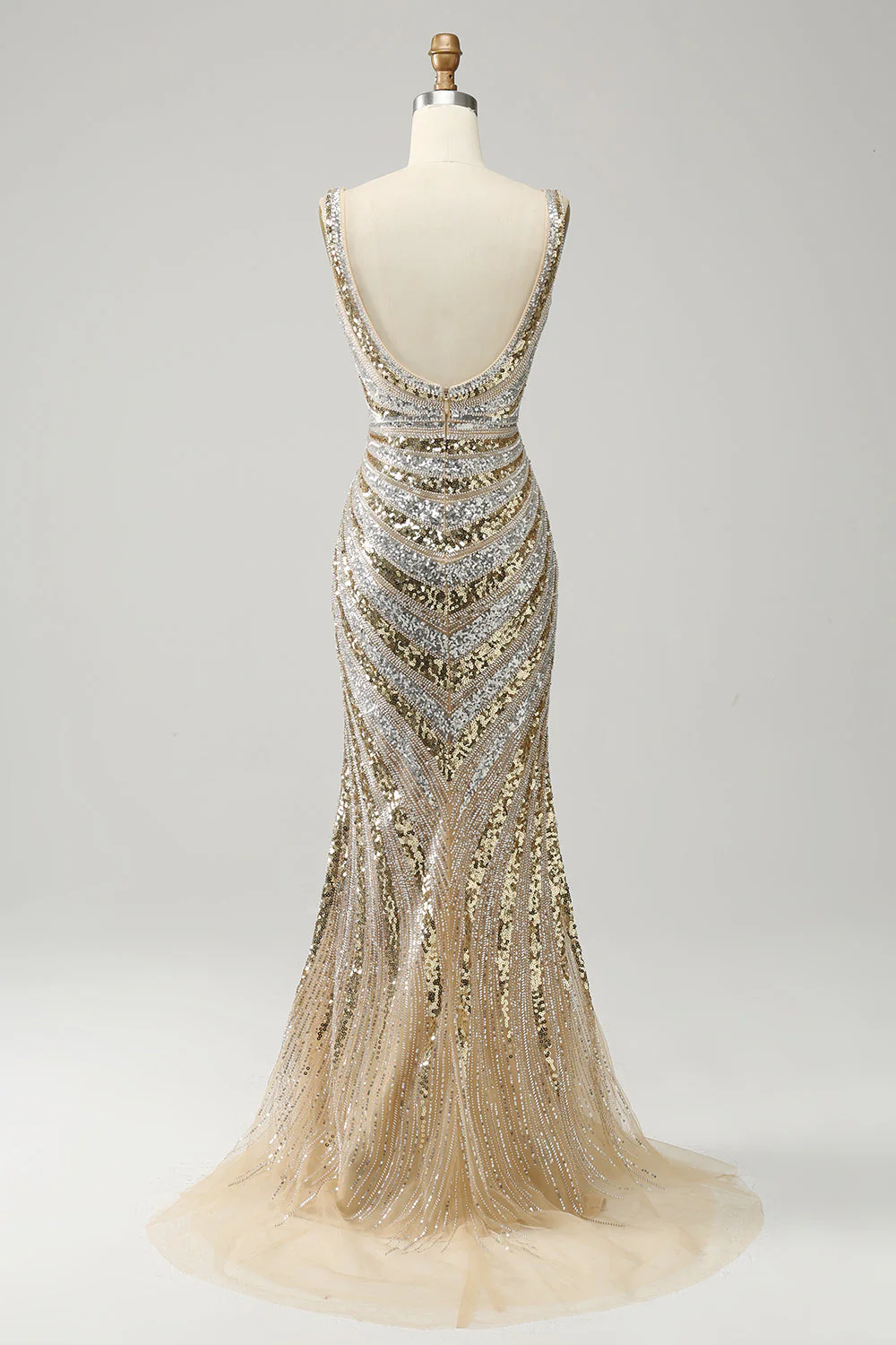 Robe de soirée sirène longue dorée en satin de luxe à col V profond et bordure en limon - Image 8