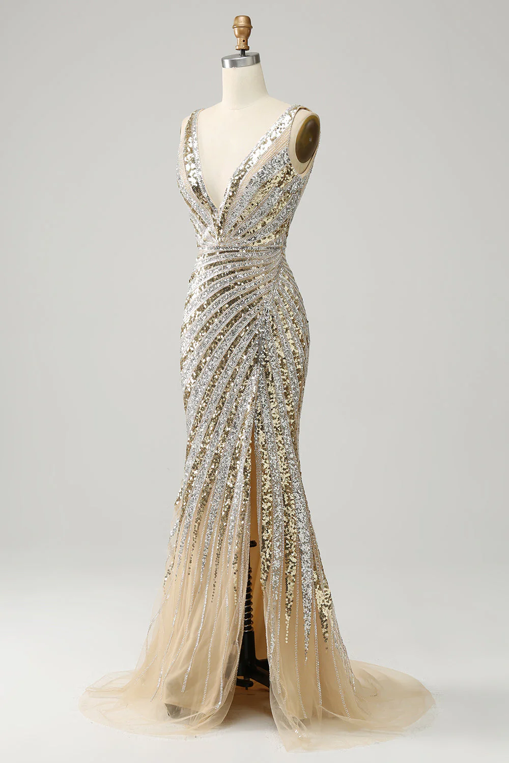 Robe de soirée sirène longue dorée en satin de luxe à col V profond et bordure en limon - Image 9