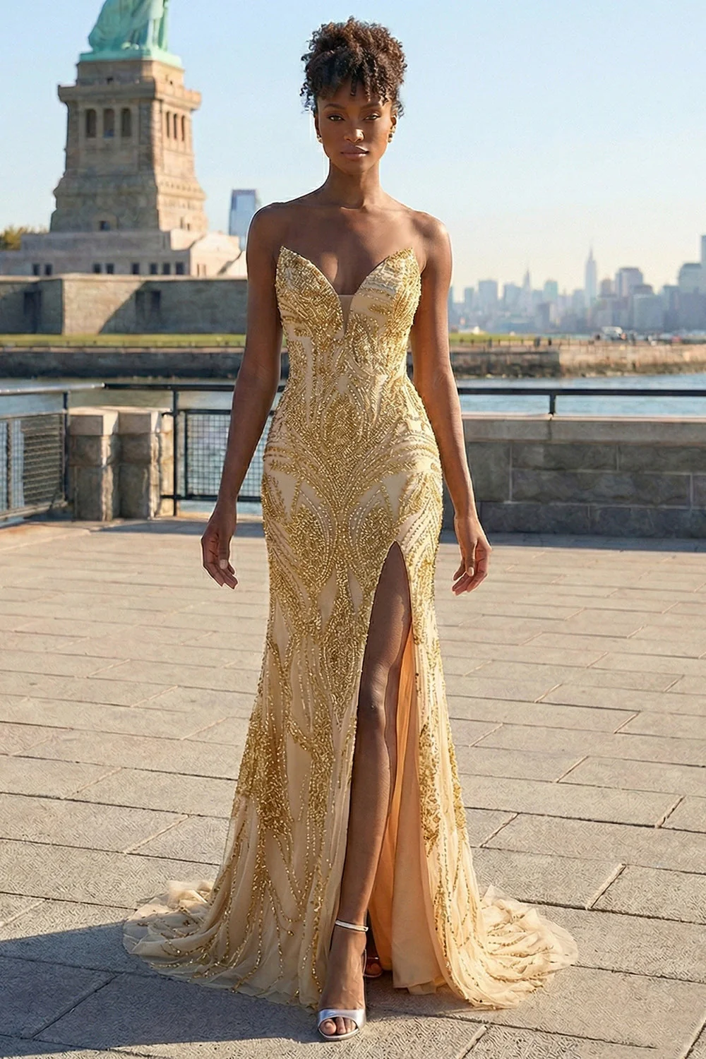 Robe de bal longue dorée de sirène perlée avec une fente