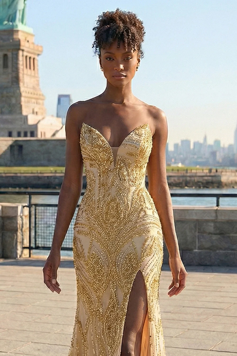 Robe de bal longue dorée de sirène perlée avec une fente - Image 3