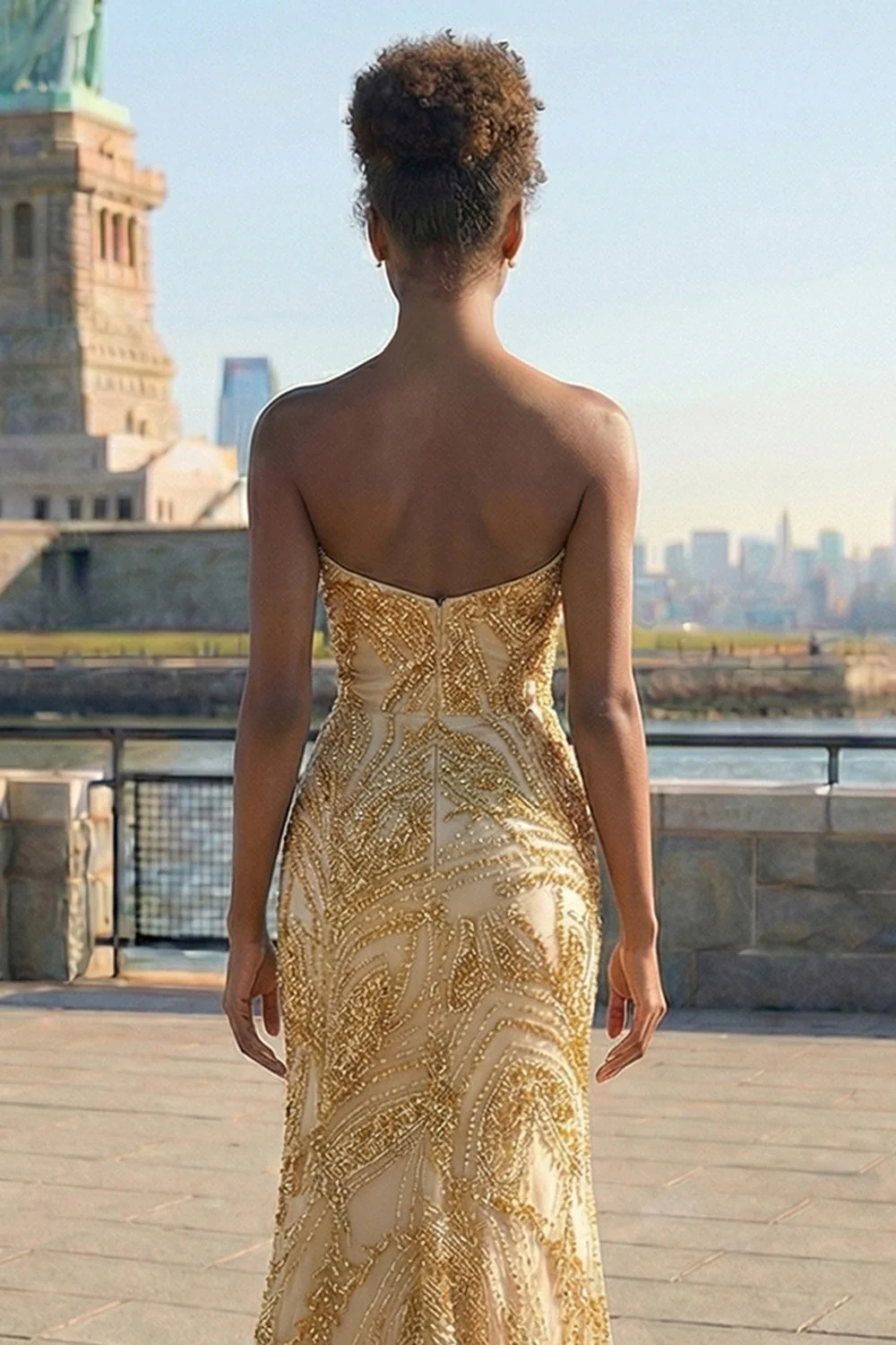 Robe de bal longue dorée de sirène perlée avec une fente - Image 4
