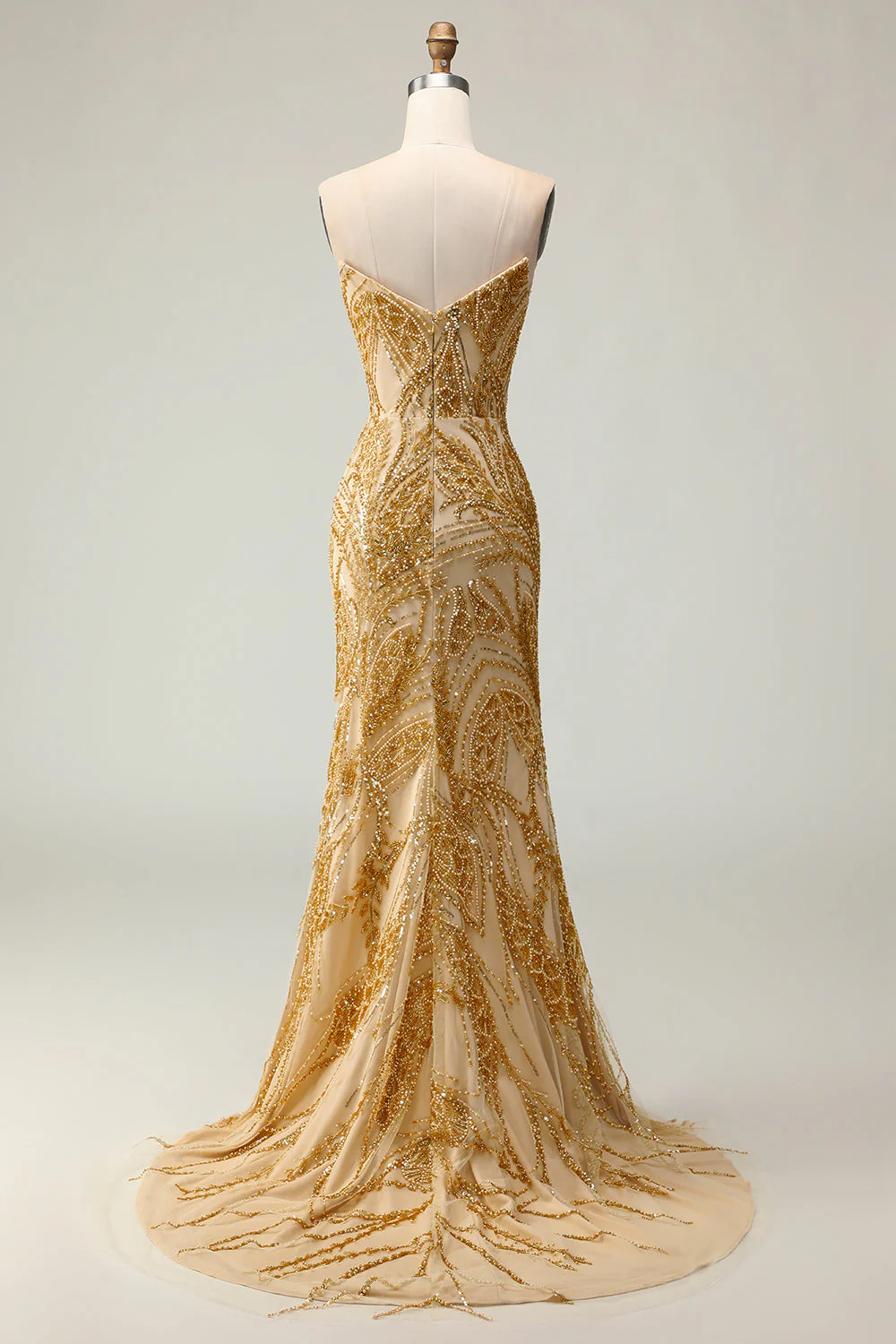 Robe de bal longue dorée de sirène perlée avec une fente - Image 6