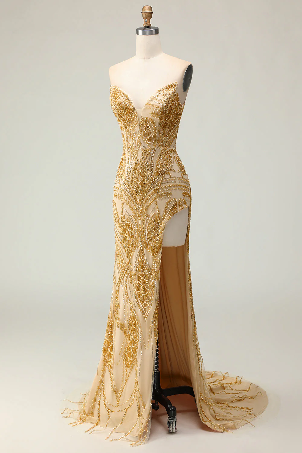 Robe de bal longue dorée de sirène perlée avec une fente - Image 7