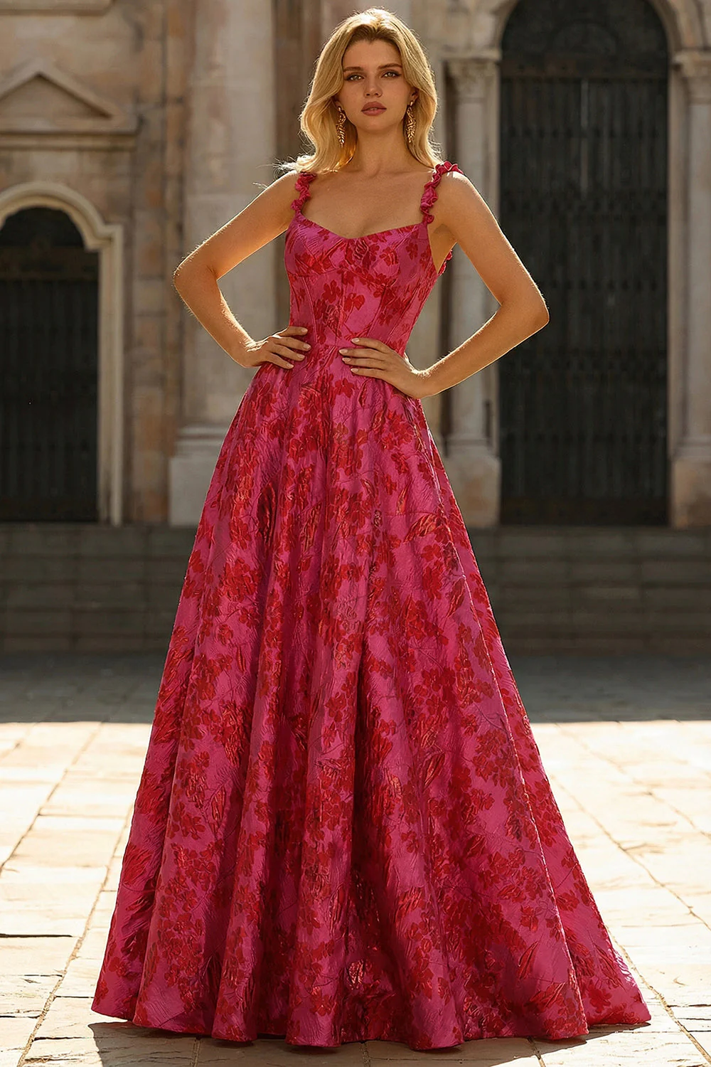 Robe de soirée longue fuchsia ligne A bretelles fines imprimé floral avec fente - Image 3