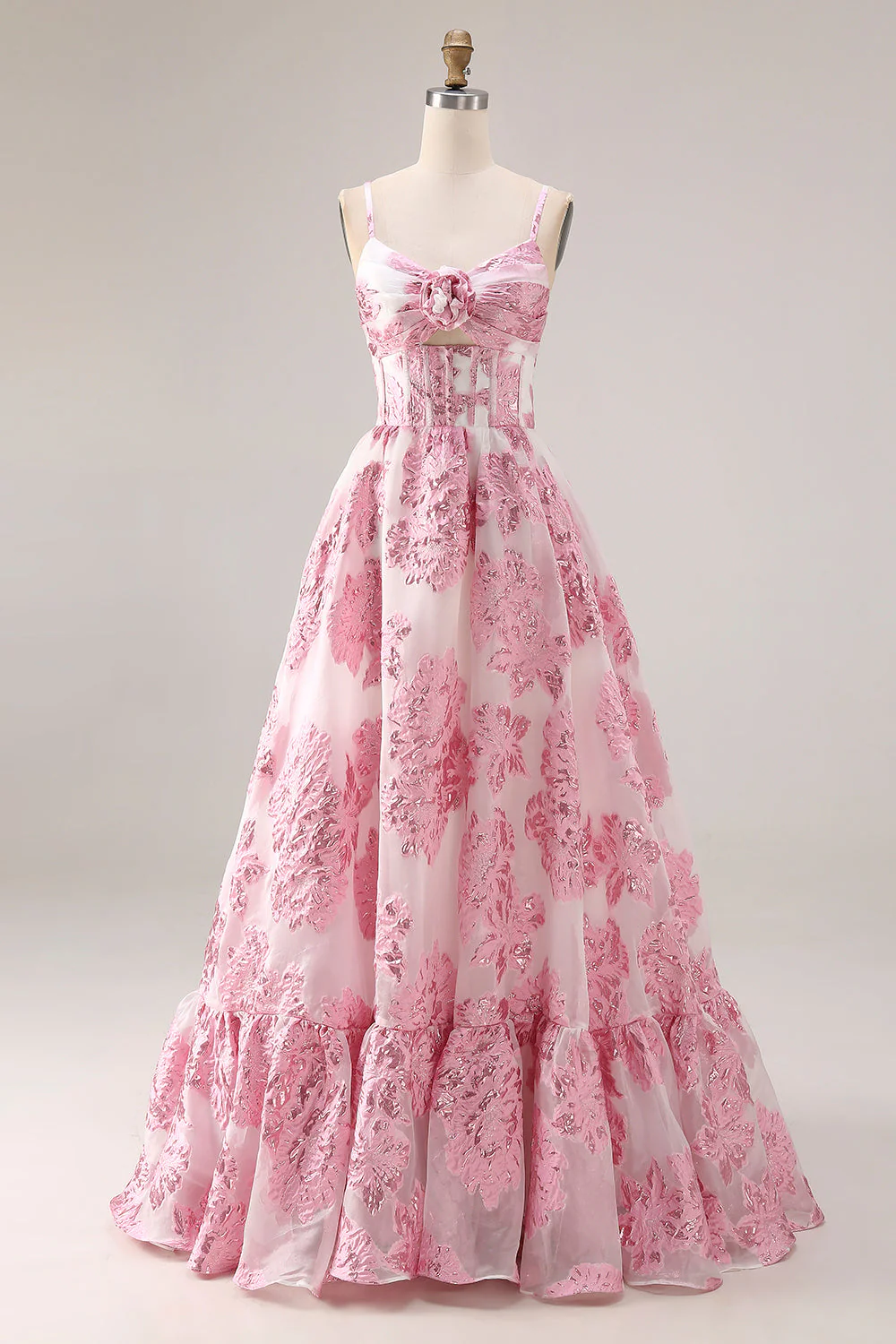 Robe de bal longue en brocart Jacquard découpée rose avec une fleur 3D