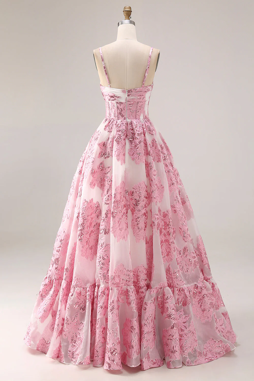 Robe de bal longue en brocart Jacquard découpée rose avec une fleur 3D - Image 2