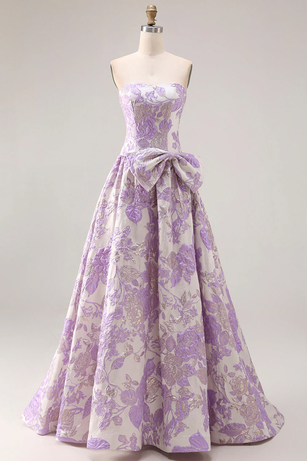 Robe de bal longue en brocart Jacquard en lilas bretellée, sans bustiers, avec nœud d’ours