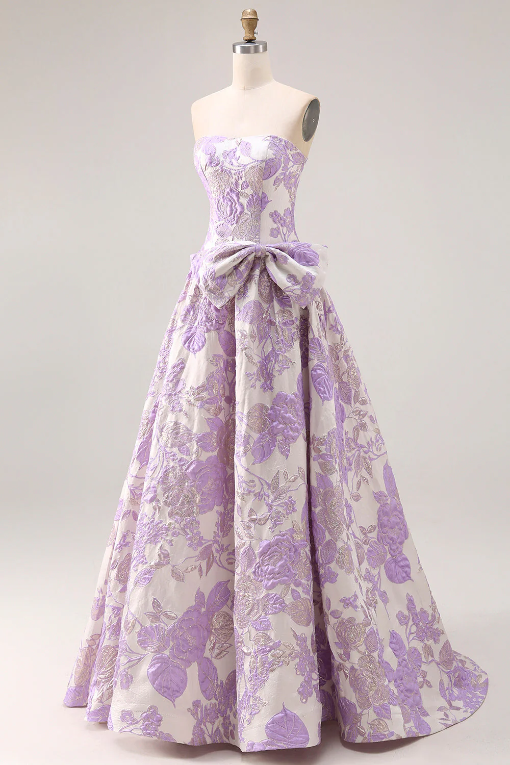 Robe de bal longue en brocart Jacquard en lilas bretellée, sans bustiers, avec nœud d’ours - Image 3